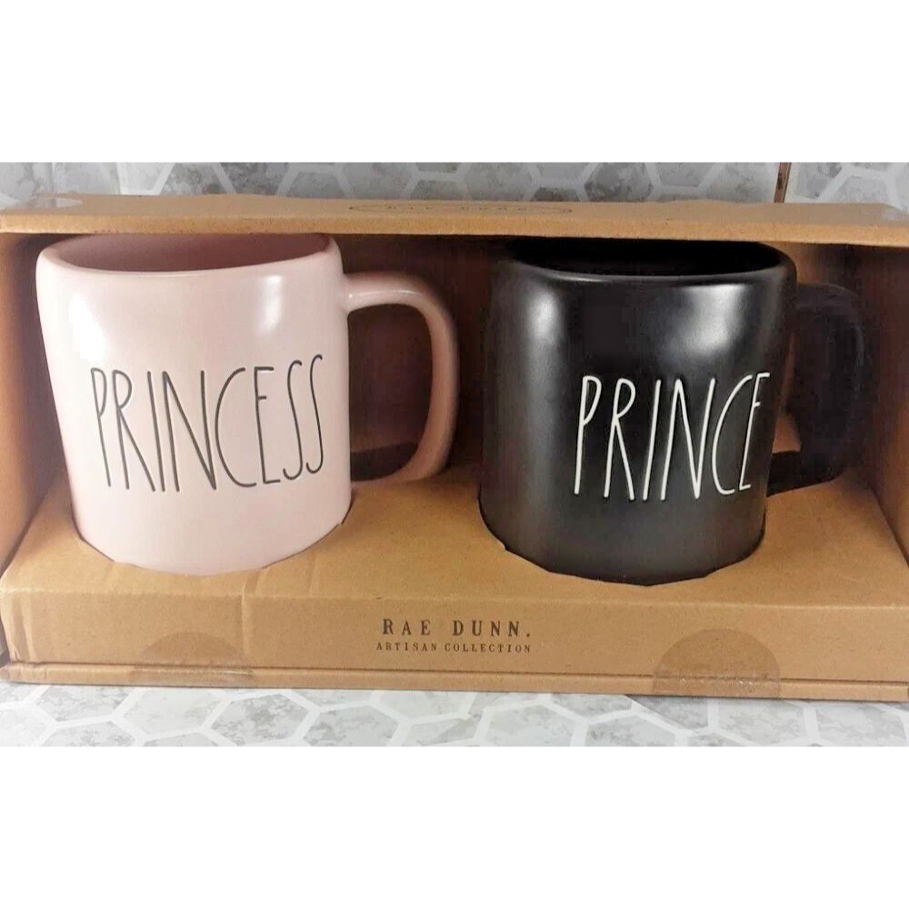 NEW Heavy Duty Rae Dunn PRINCESS PRINCE Pink Black Ceramic Coffee Mug Set
